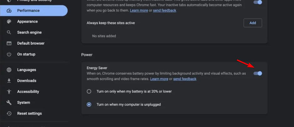 переключатель режима энергосбережения в настройках Chrome