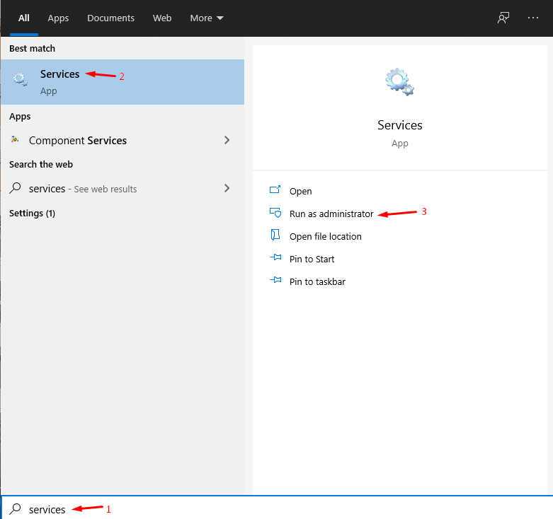 Resultado de búsqueda de Servicios en el menú de Windows