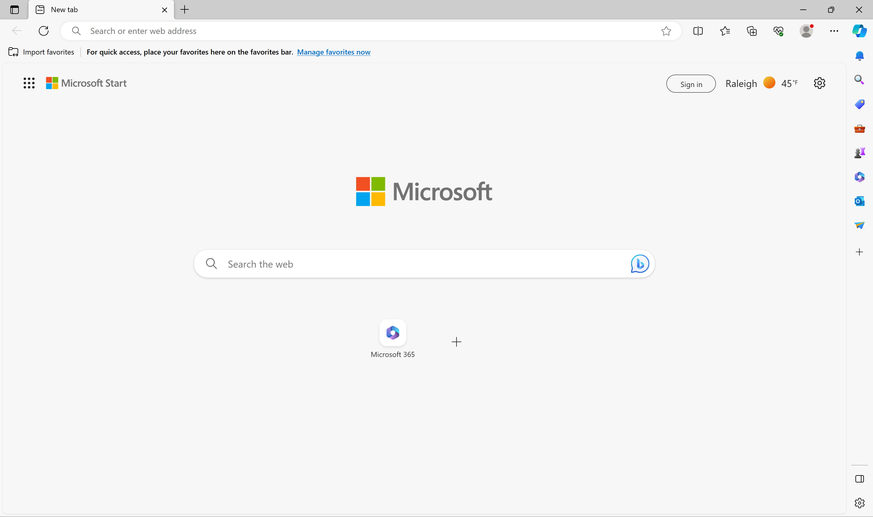 Microsoft Edge с минимальной страницей новой вкладки