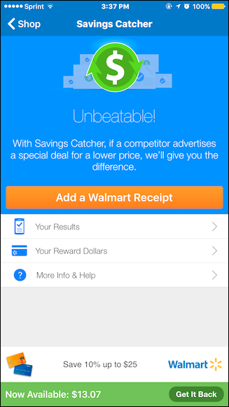 Кнопка Add a Walmart Receipt в Savings Catcher