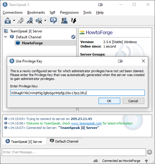 Окно ввода привилегированного токена в клиенте TeamSpeak