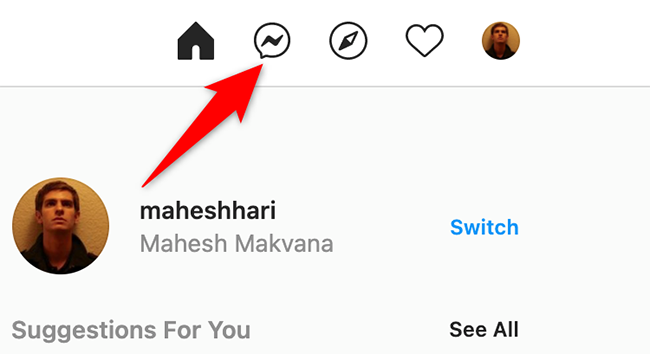 Иконка сообщений на сайте Instagram в правом верхнем углу.