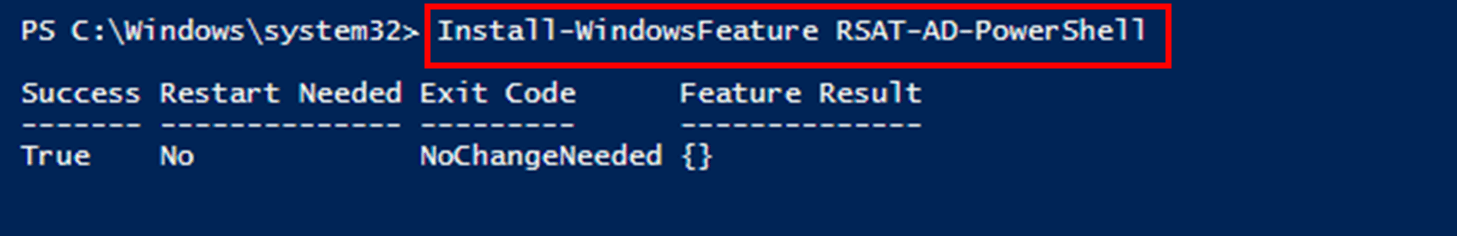 Команда установки RSAT-AD-PowerShell в PowerShell