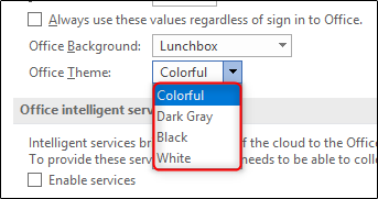 Параметры темы Office — выбор темы