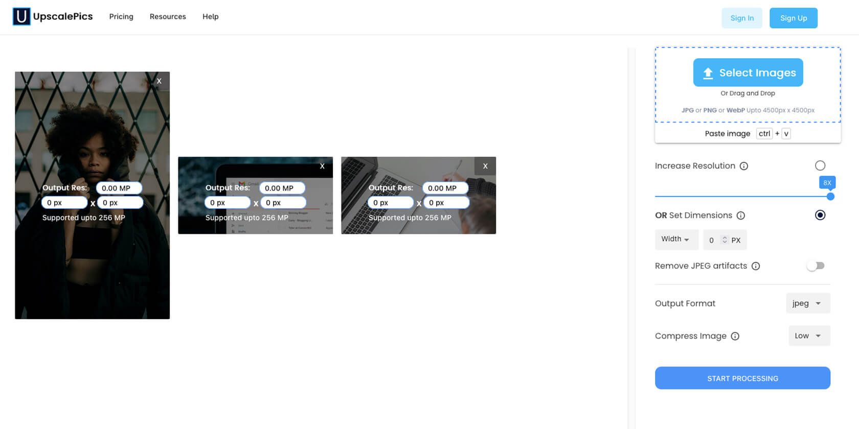 Интерфейс UpscalePics с параметрами увеличения разрешения