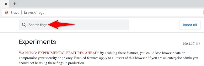 Поиск флага «Dark» в настройках экспериментов Brave.