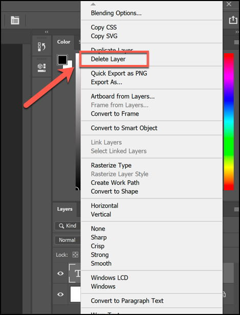Выбор команды Удалить слой в палитре Слои