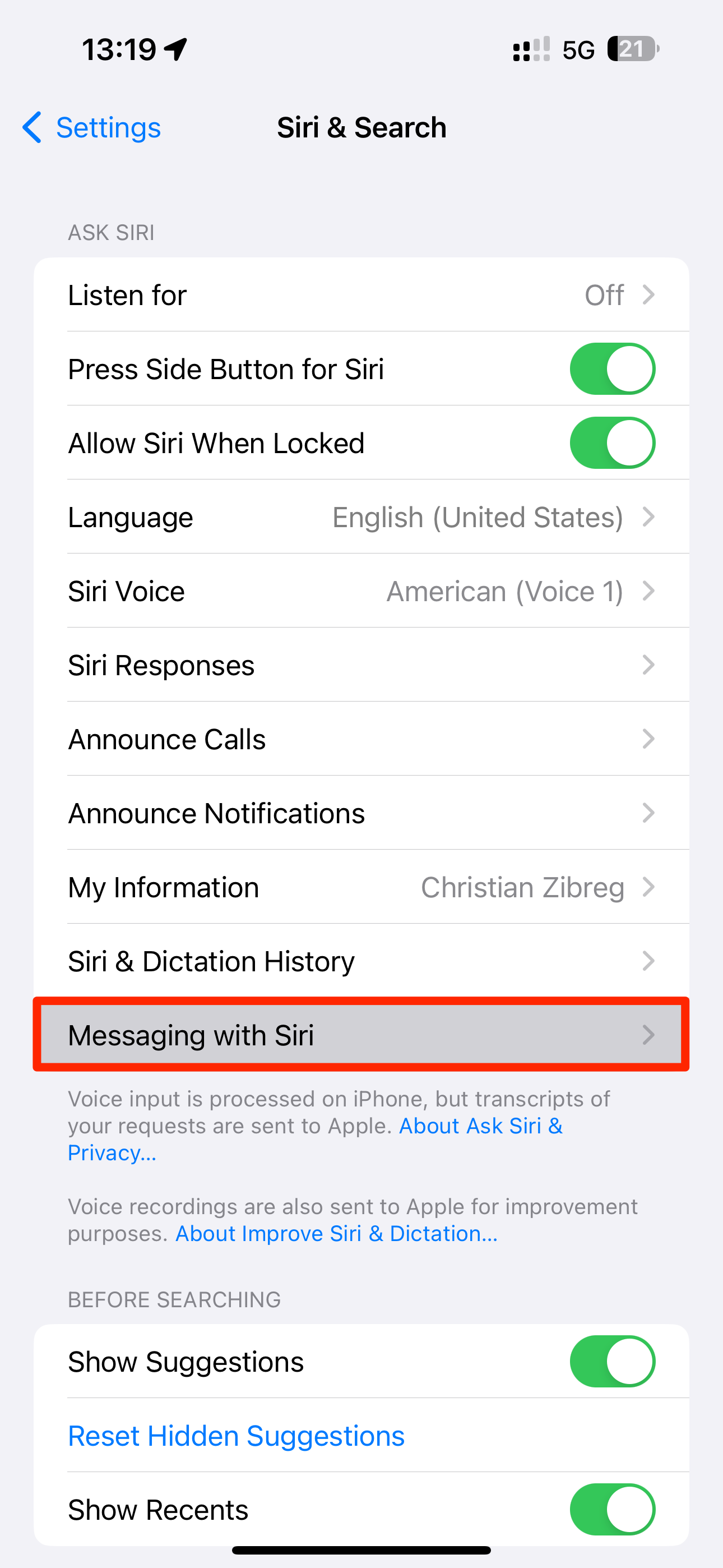 Параметр Сообщения с Siri в настройках iPhone.