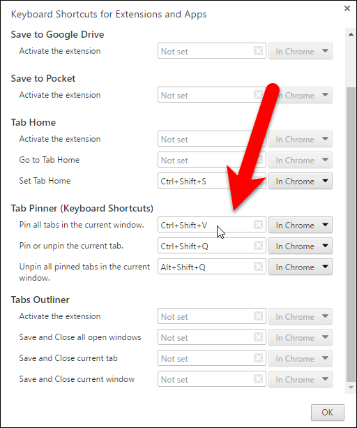 Назначение сочетания клавиш для закрепления всех вкладок