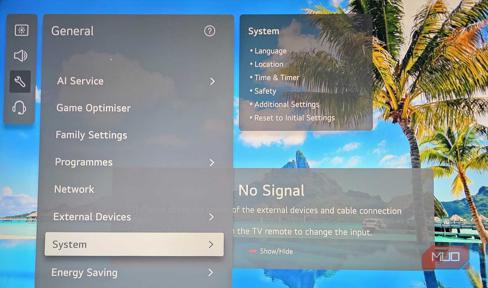 Меню общих настроек в телевизоре LG Smart TV