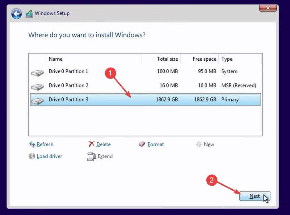 Выбор раздела для установки