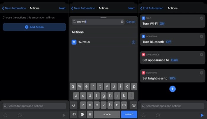 Пример действия: установка тёмной темы и яркости в приложении Shortcuts