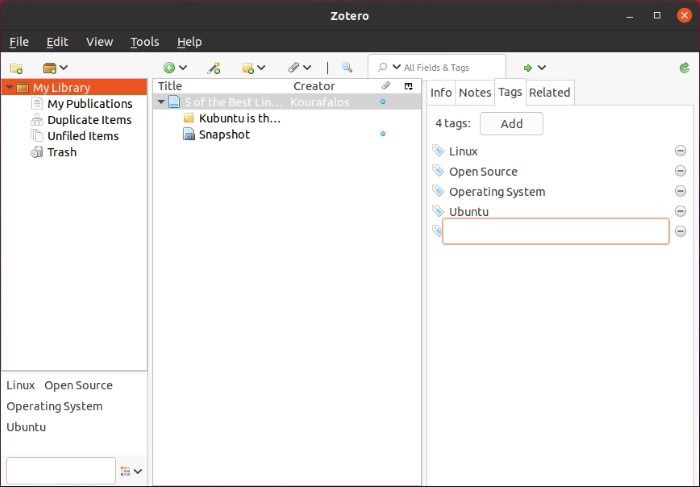 Добавление тегов к элементам Zotero