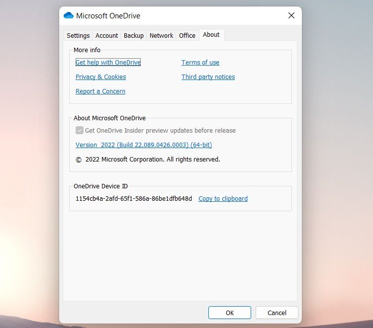 Страница «О программе» OneDrive с информацией о версии