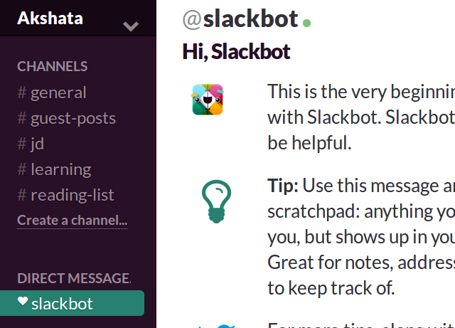 Скриншот личного чата со Slackbot, пример заметки
