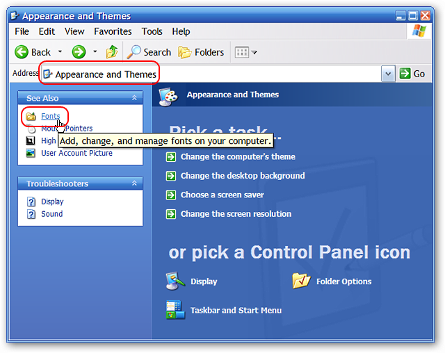 Папка Шрифты в Windows XP: доступ через Панель управления