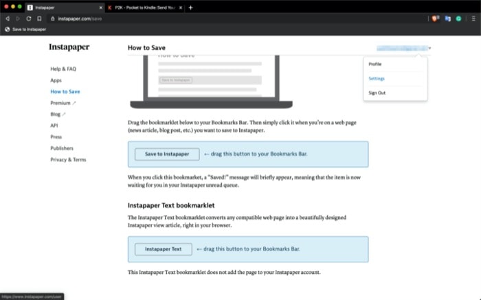 Настройка Send-to-Kindle в Instapaper