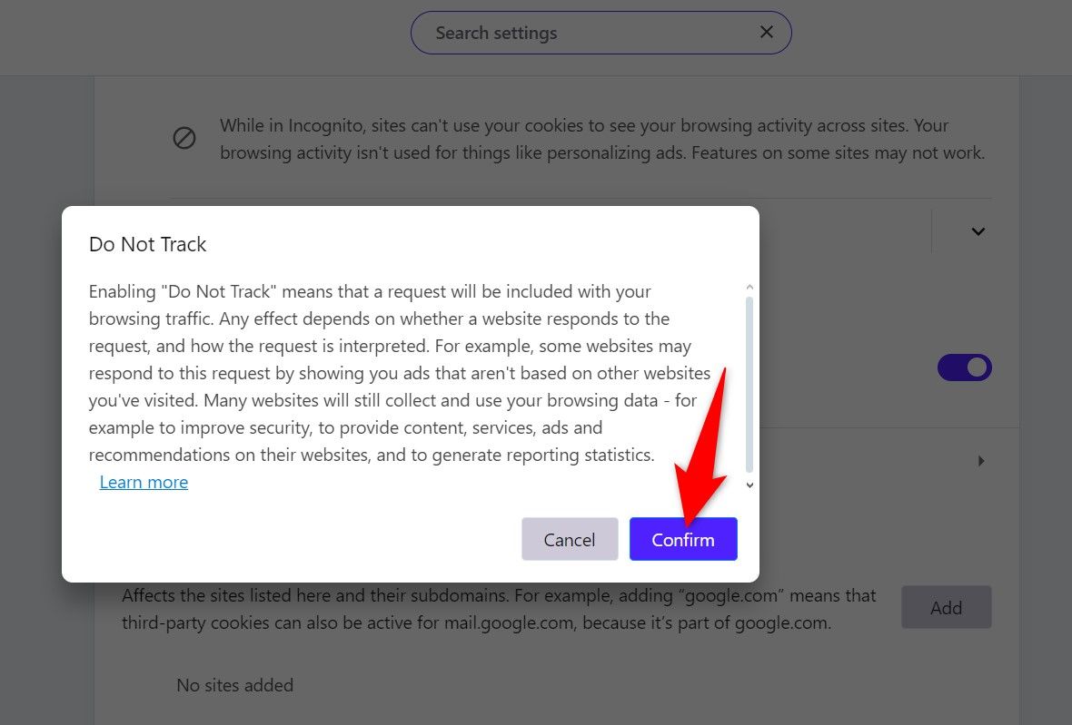 Кнопка Confirm в диалоге Do Not Track в Opera