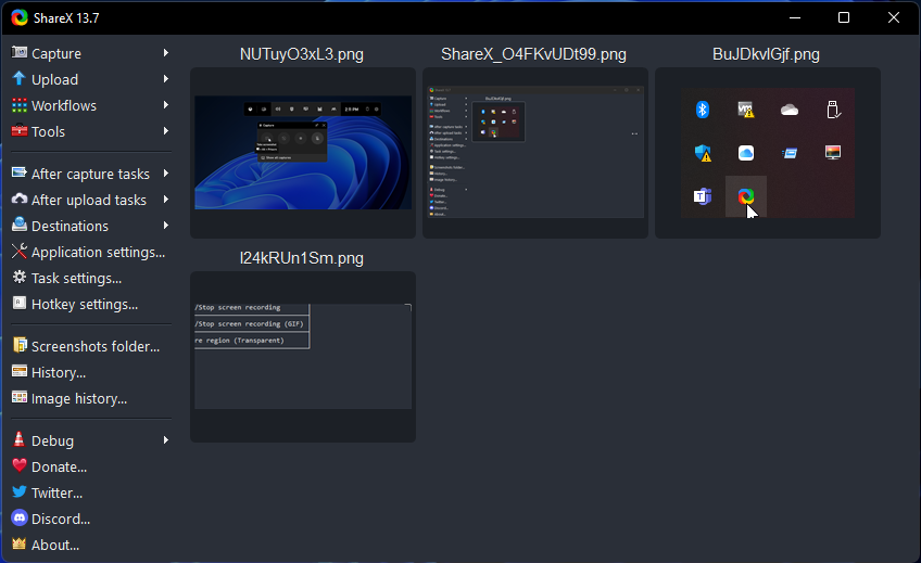 Окно ShareX с меню горячих клавиш
