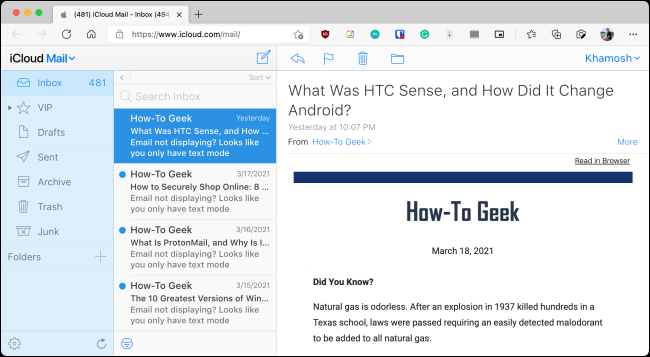 Интерфейс iCloud Mail в браузере