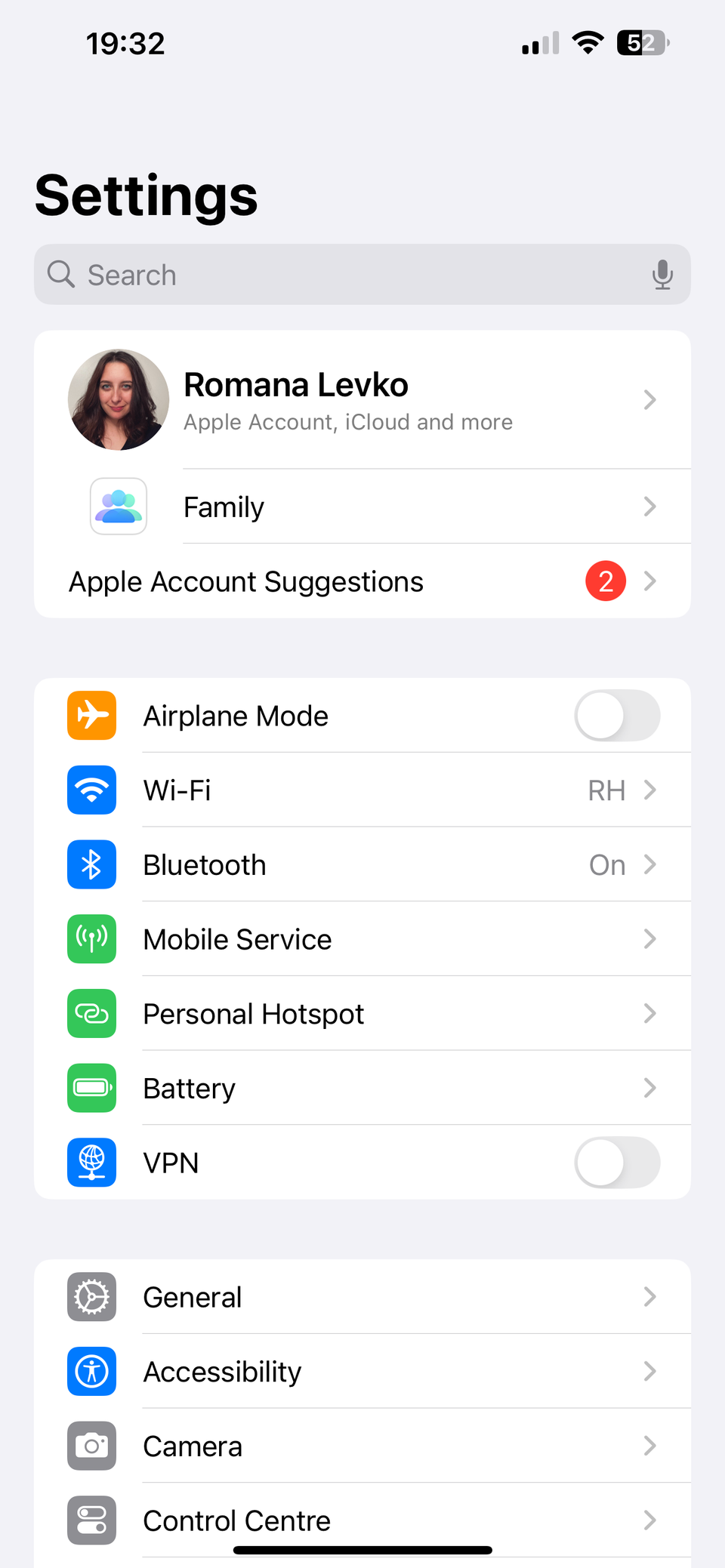 Настройки iPhone, экран учётной записи