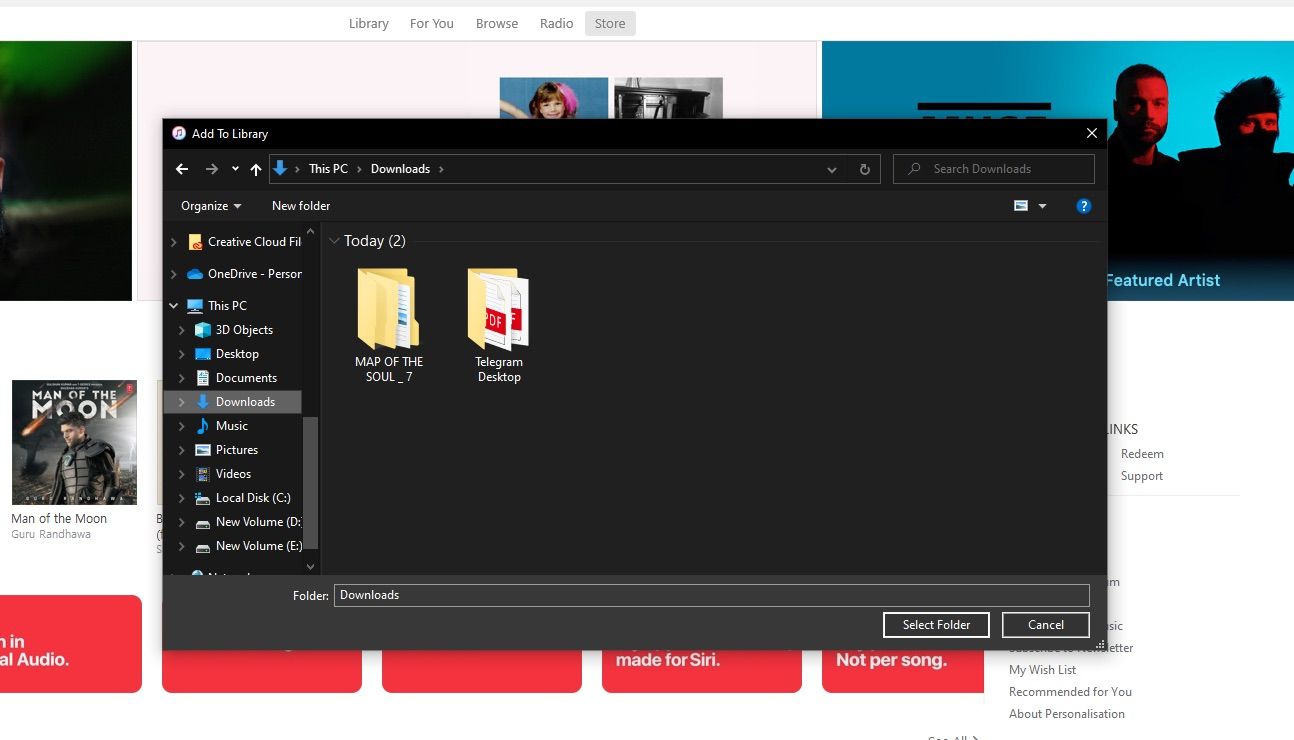 Найдите и выберите музыкальные файлы/папку для импорта в iTunes на Windows