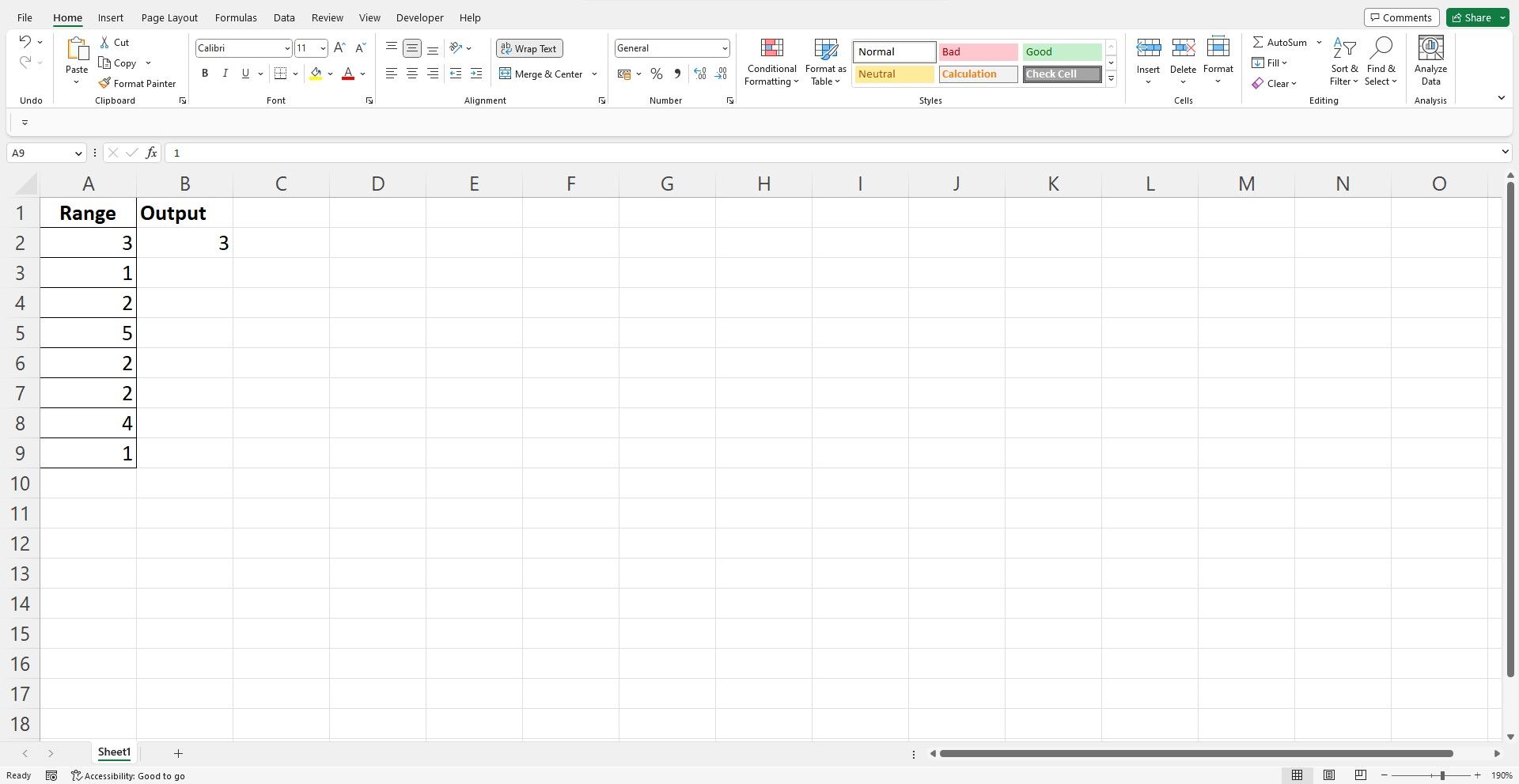 Интерфейс Excel с результатом COUNTIF