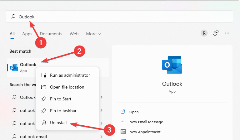 Удаление Outlook через меню Пуск
