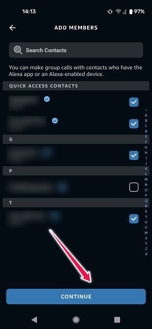Android Alexa: кнопка 'Далее' при добавлении участников