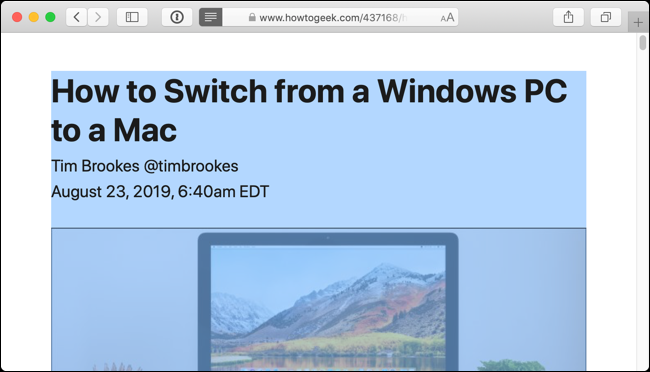 Используйте сочетание Command + A, чтобы выделить весь текст статьи в режиме чтения