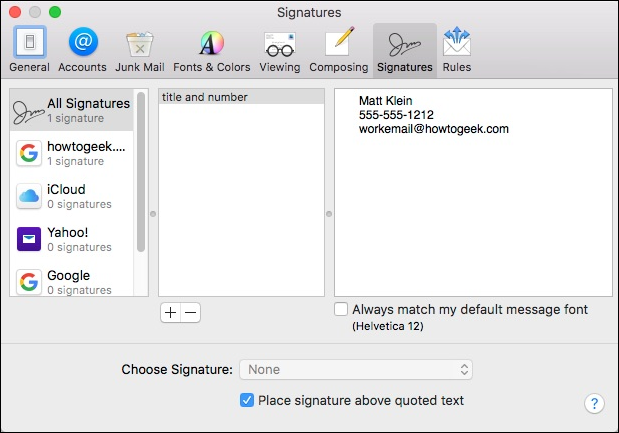 Вкладка Подписи в настройках Mail