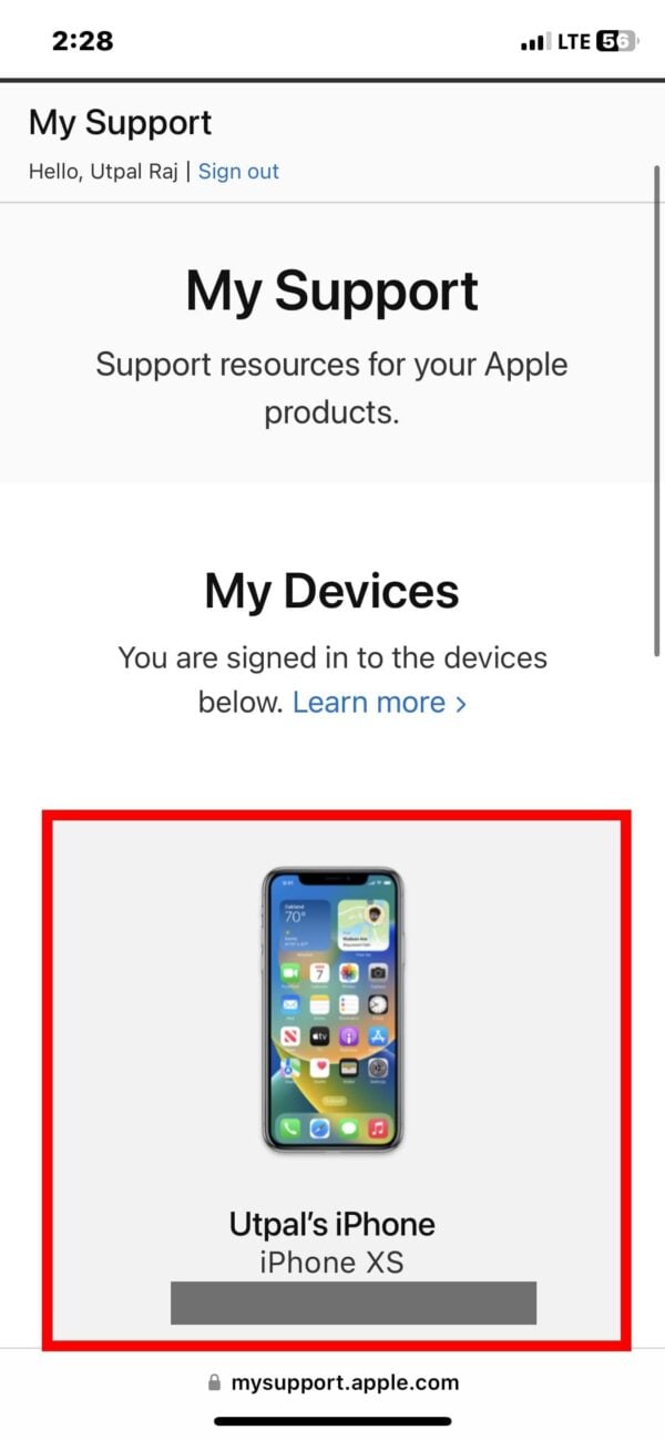 Выбор iPhone на странице My Support