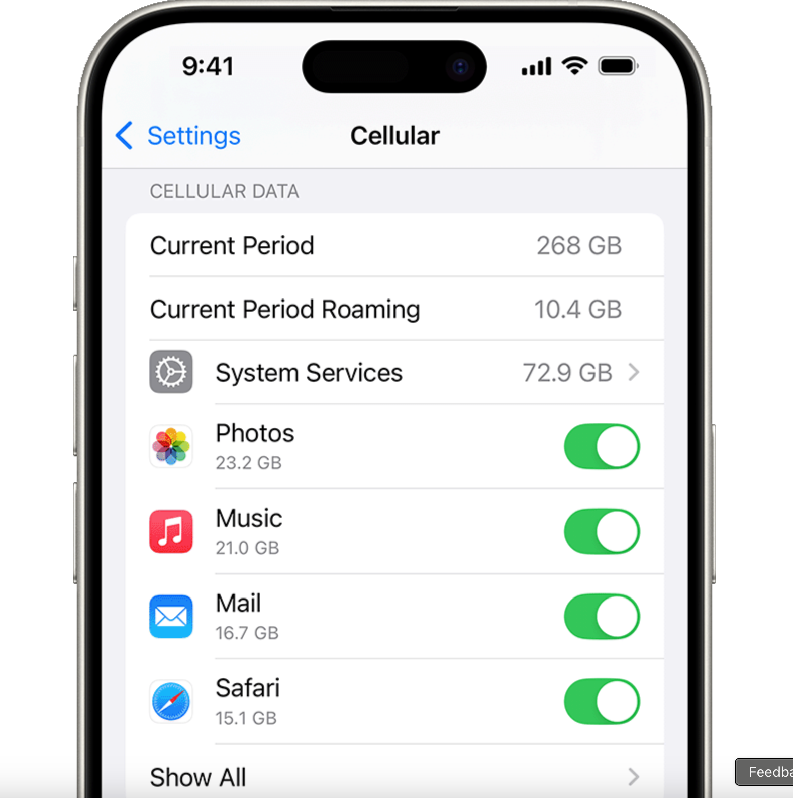 Изображение iPhone на странице настроек сотовой связи.