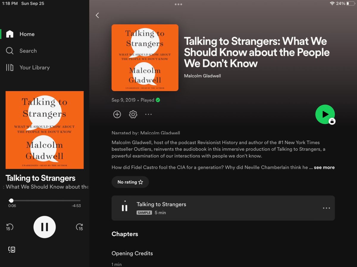 Интерфейс плеера Spotify с воспроизведением аудиокниги