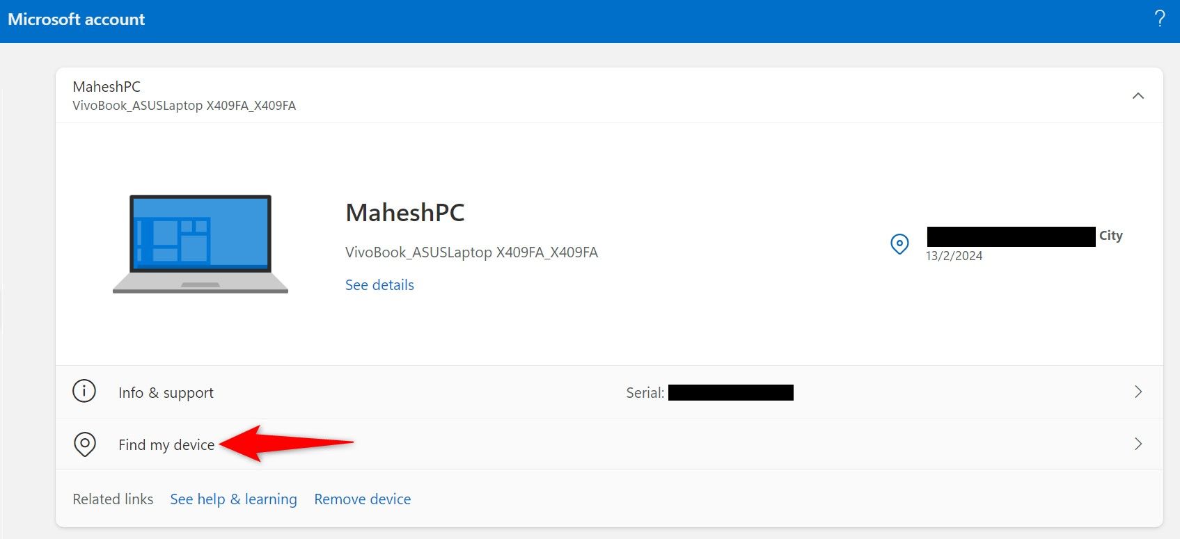 На сайте Microsoft Devices выделен элемент 'Найти устройство'.