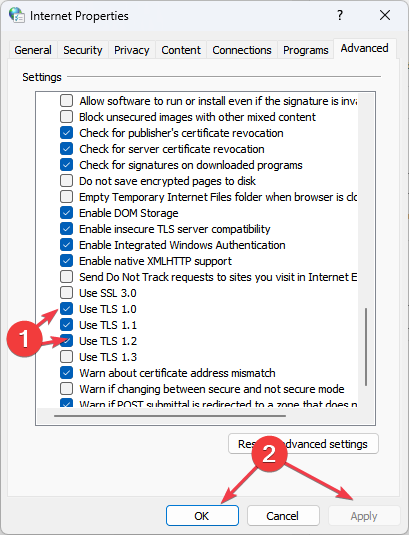 Параметры безопасности: включение TLS 1.0, 1.1 и 1.2 в настройках Windows