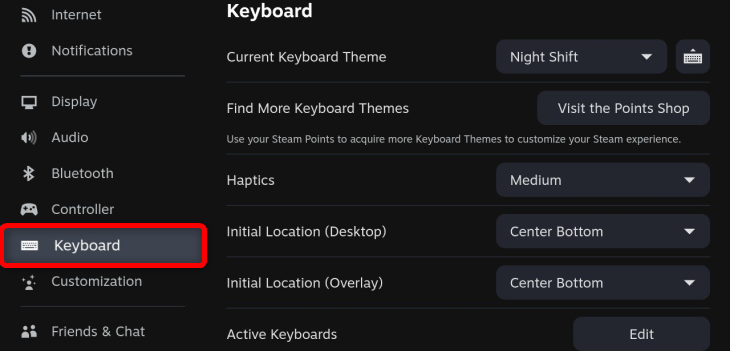 Steam Deck keyboard settings menu showing different options