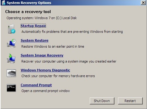 Windows System Recovery Options