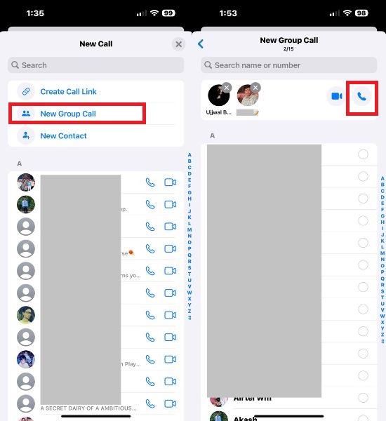 Начало группового вызова в WhatsApp с выбором участников