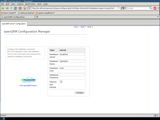 Форма для ввода параметров MySQL для OpenQRM