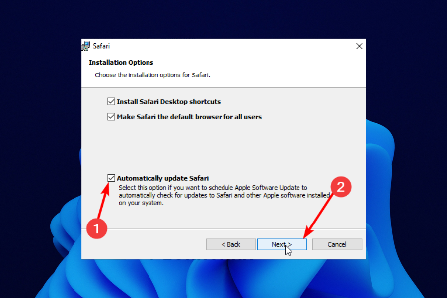 Опция автоматически обновлять Safari в установщике