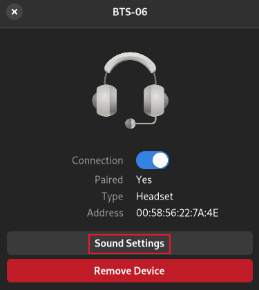 Окно опций устройства Bluetooth