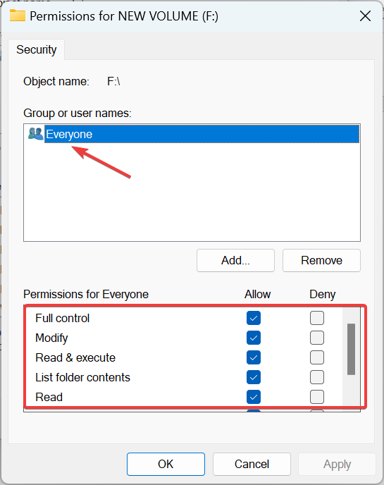 Присвоение полных прав для Everyone