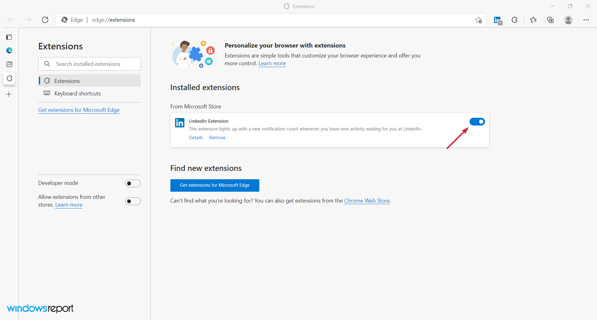 Отключение расширения в Edge