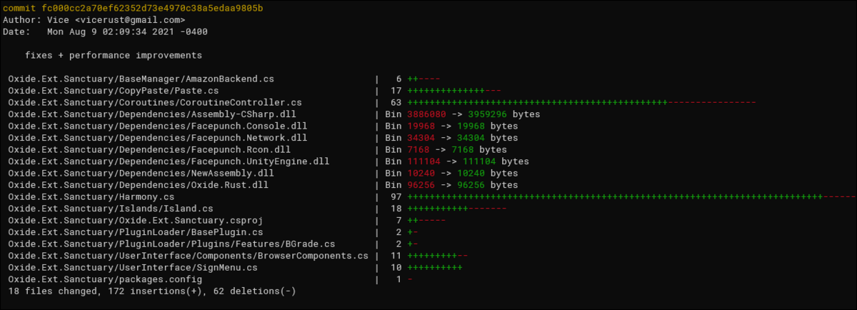 Пример вывода git log --stat с перечислением изменённых файлов и статистикой линий