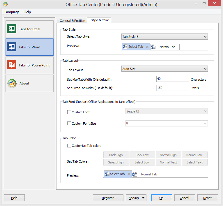 Параметры стиля и цвета вкладок в Office Tabs