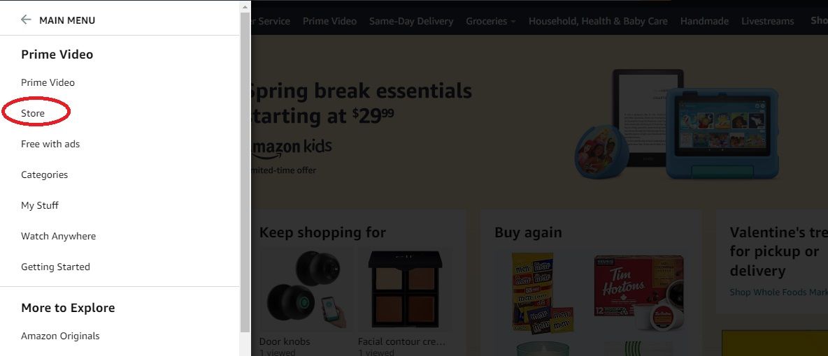 Поиск MLB.TV в верхней части магазина Prime Video