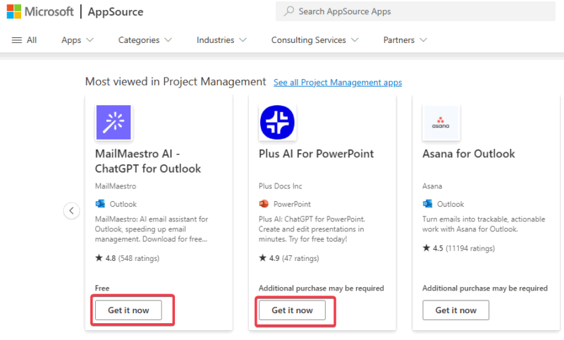 Кнопка Get it now на AppSource для OWA