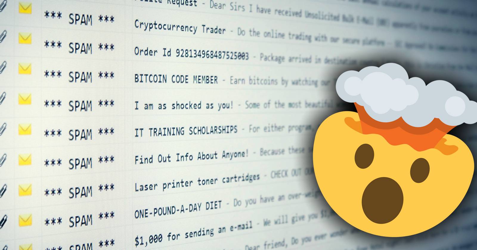 список спам-писем во входящих, реакция с эмодзи взрыва головы