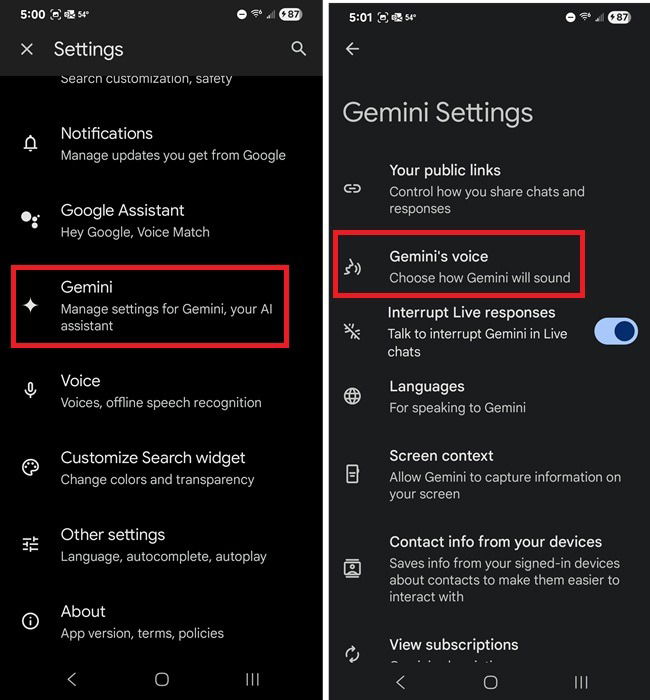Смена голоса Gemini из приложения Google.